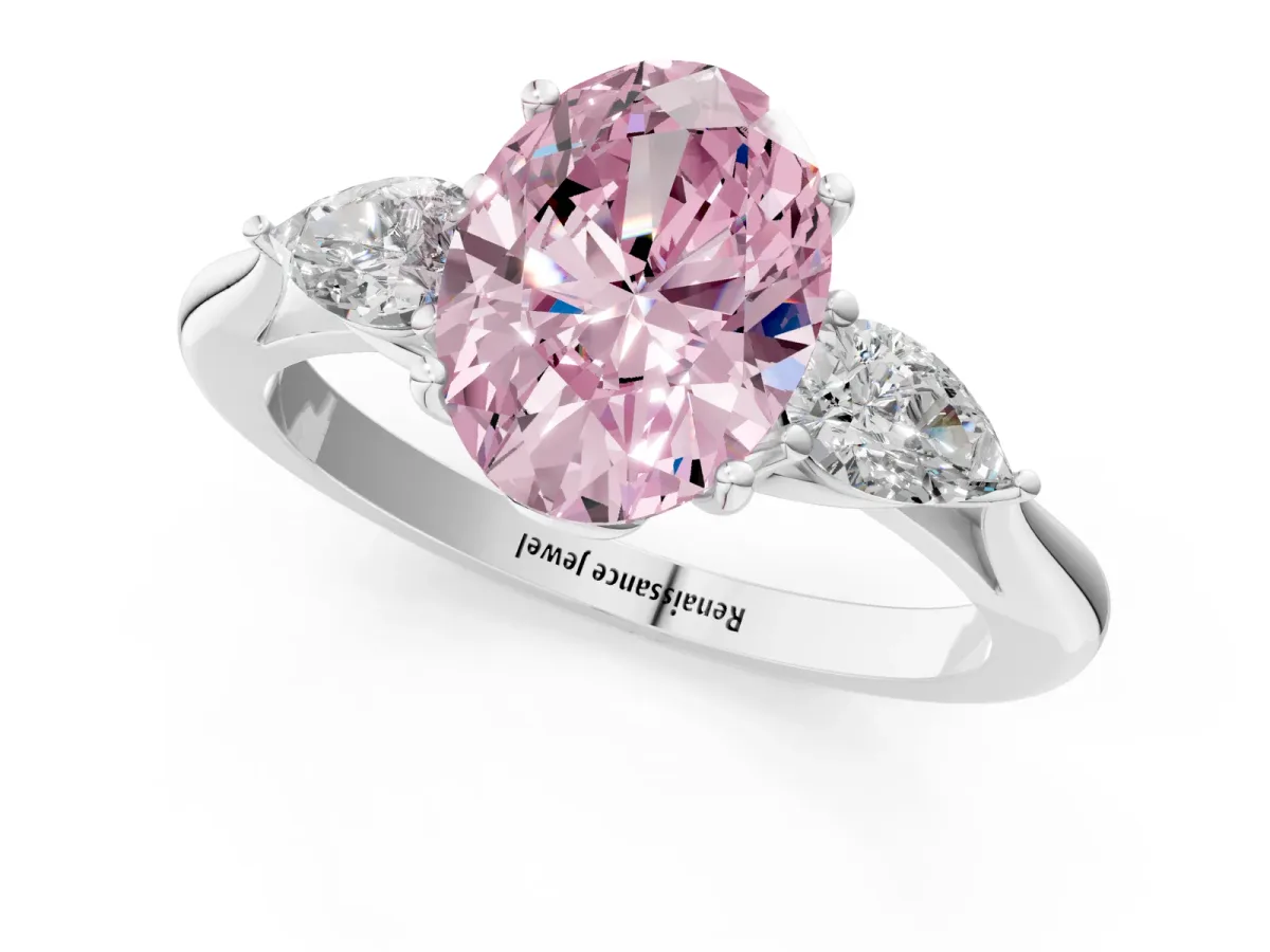Fancy Pink Three-Stone Oval Cut Diamond Ring with Pear Side Stones in Four-Prong Setting White gold