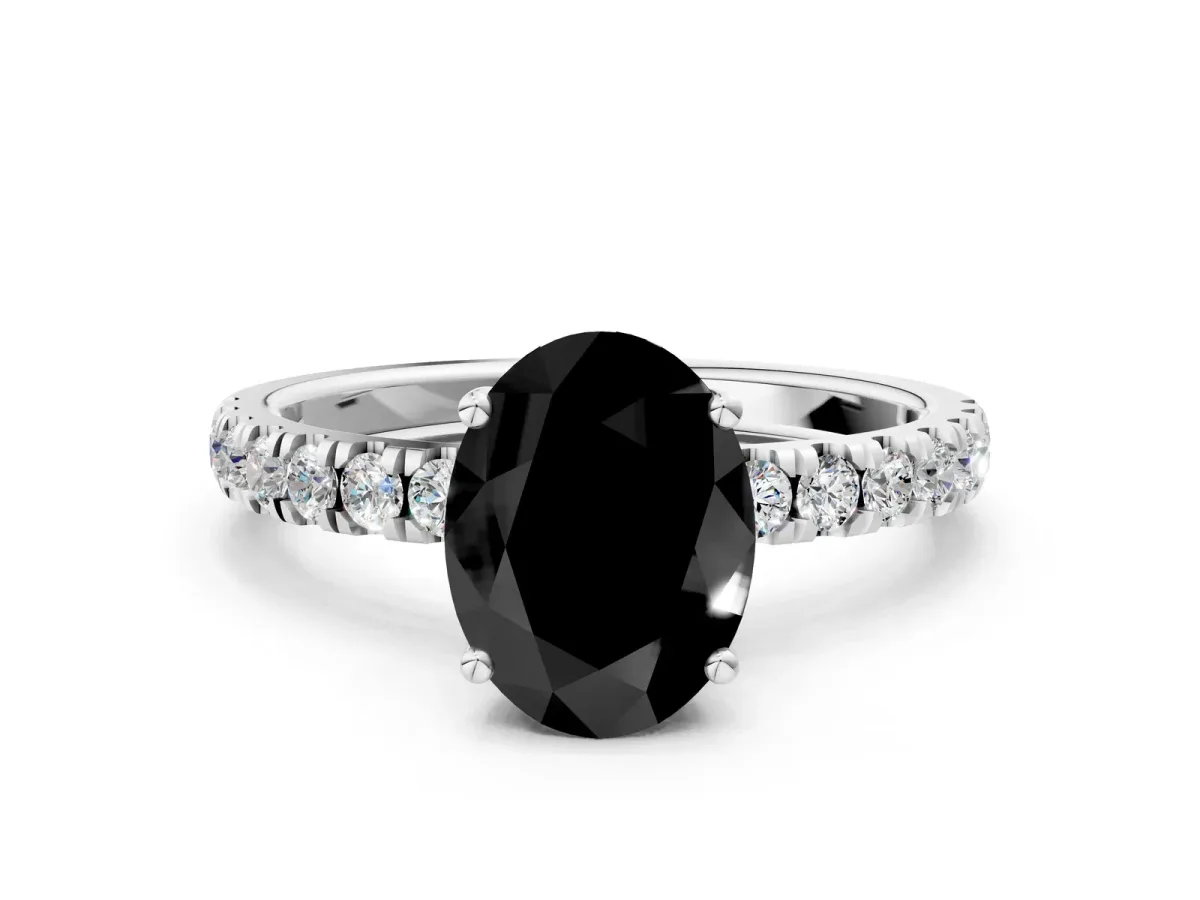 Fancy Black Oval Cut Diamond Pave Band Solitaire Ring with Round and Prong Setting Platinum