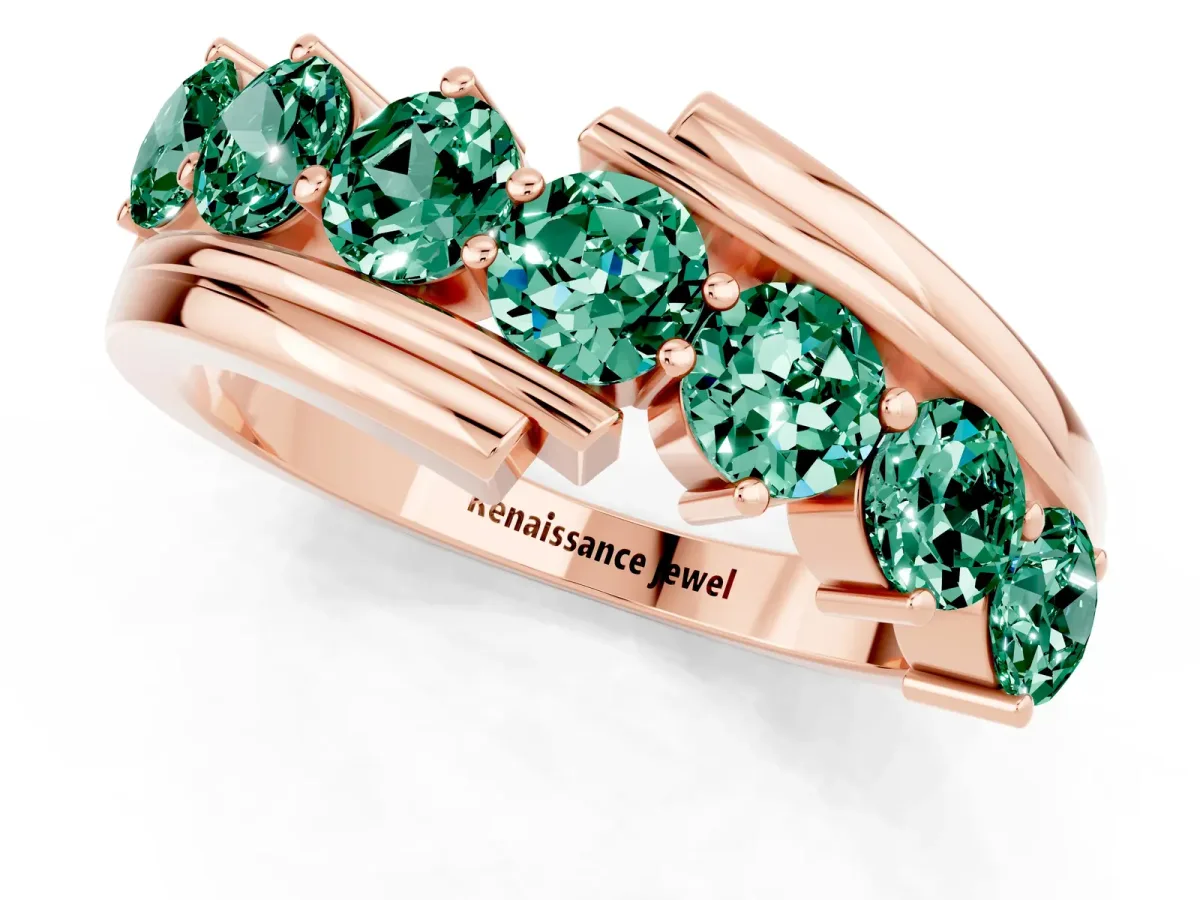 Round Green Sapphire Wave Band with Channel and Shared Prong Setting Rose gold