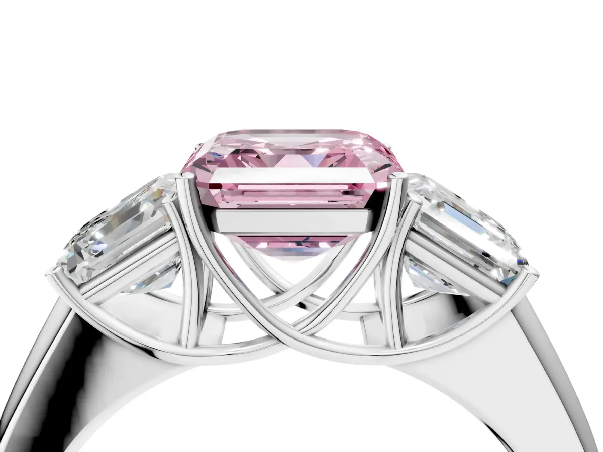 Fancy Pink Three-Stone Asscher Cut Cut Diamond Ring with Prong Setting and Classic Band Platinum