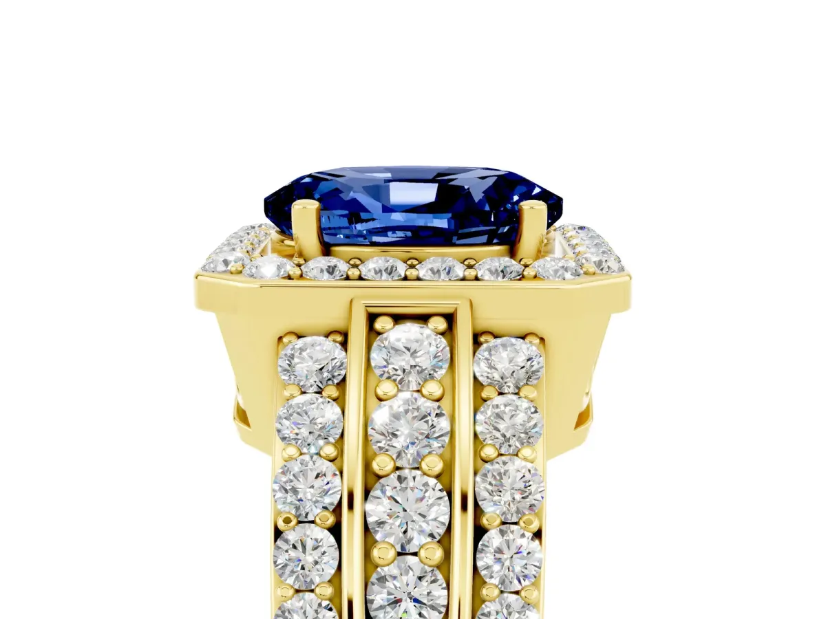 Oval Cut Halo Blue Sapphire Ring with Round Split Shank and Prong Setting Yellow gold