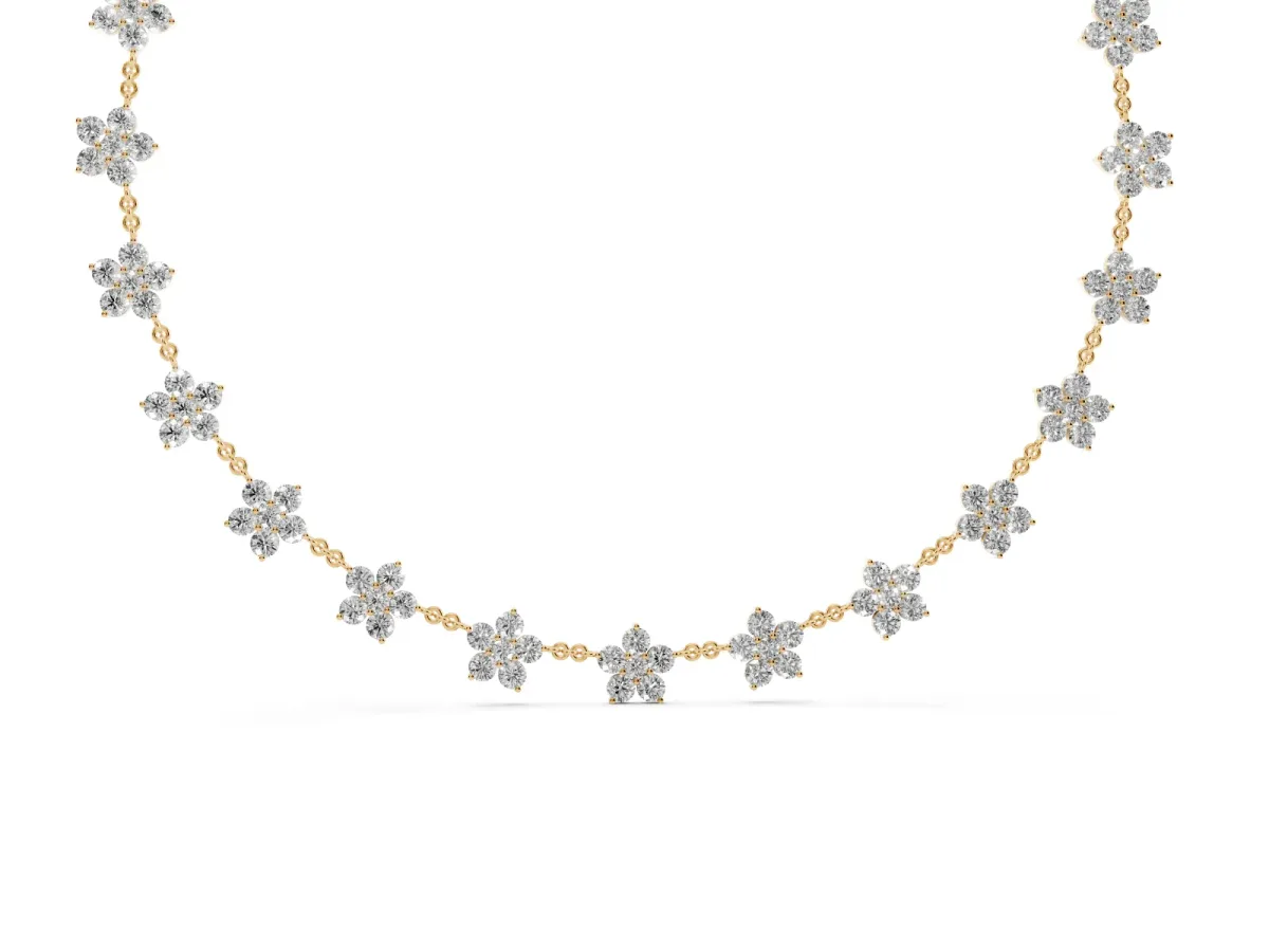Round Diamond Floral Station Necklace with Diamond Accents Yellow gold