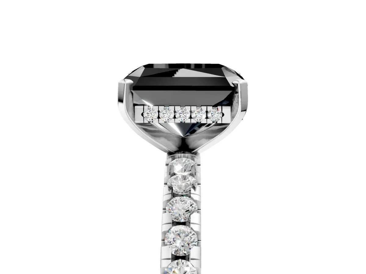 Fancy Black Radiant Cut Diamond Solitaire Ring with Round Pavé Band and Four-Prong Setting Silver