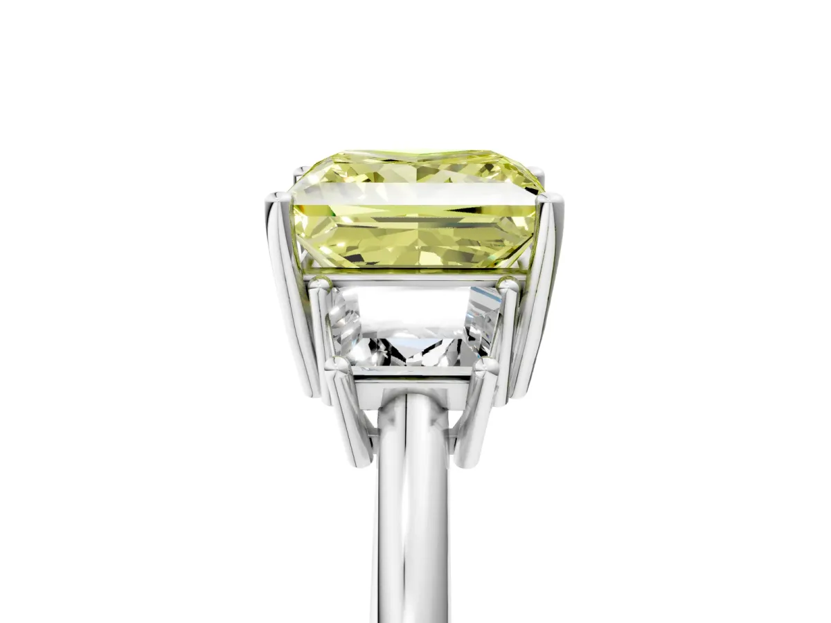 Fancy Yellow Princess Cut Diamond Three-Stone Ring with Trapezoid Side Stones and Prong Setting Silver