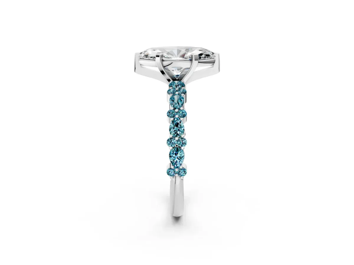 Marquise Cut Diamond Side Stone Solitaire Ring with Round Blue Topaz and Four-Prong Setting Silver