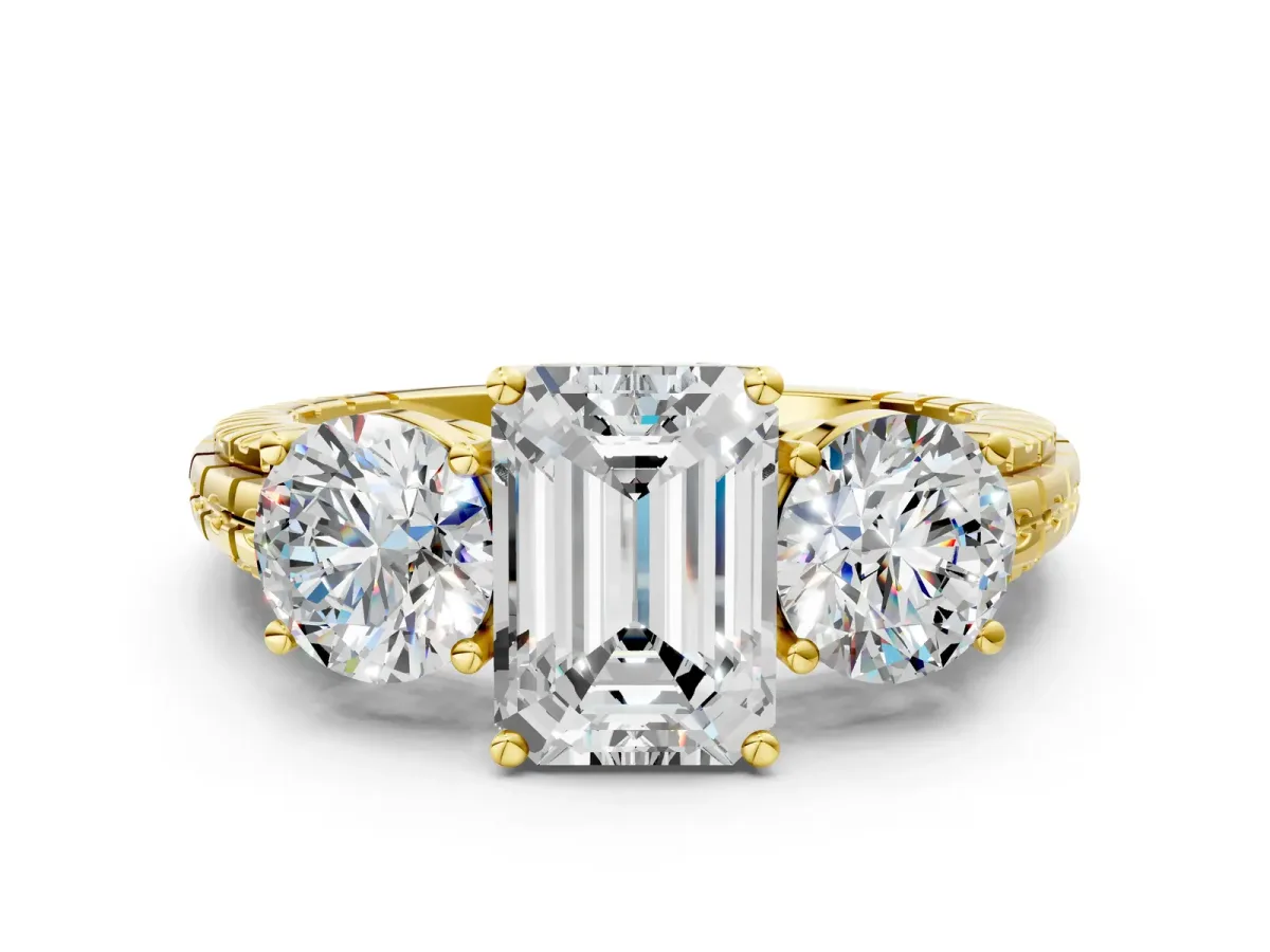 Three-Stone Emerald Cut Cut Diamond Ring with Channel-Set Band and Prong Setting Yellow gold