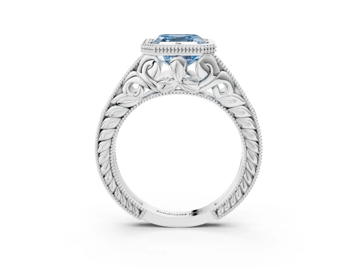 Fancy Blue Bezel Set Asscher Cut Diamond Milgrain Pave Engagement Ring Platinum