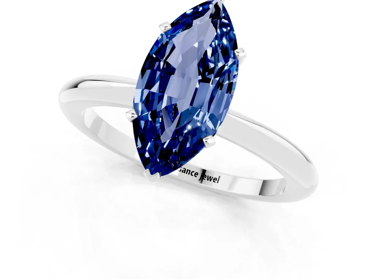 Marquise Cut Blue Sapphire Solitaire Ring with Six-Prong Setting and Classic Band Silver