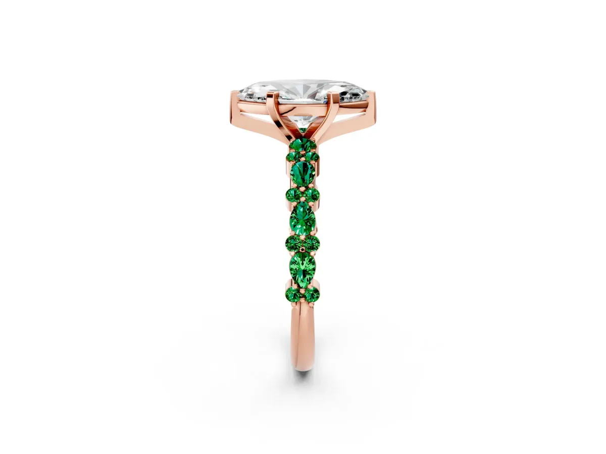 Marquise Cut Diamond Side Stone Solitaire Ring with Round Emerald and Four-Prong Setting Rose gold