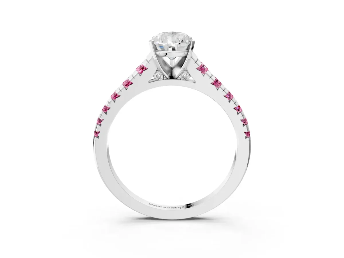 Pear Cut Diamond Cathedral Solitaire Ring with Round Pink Sapphire Pavé Band Silver