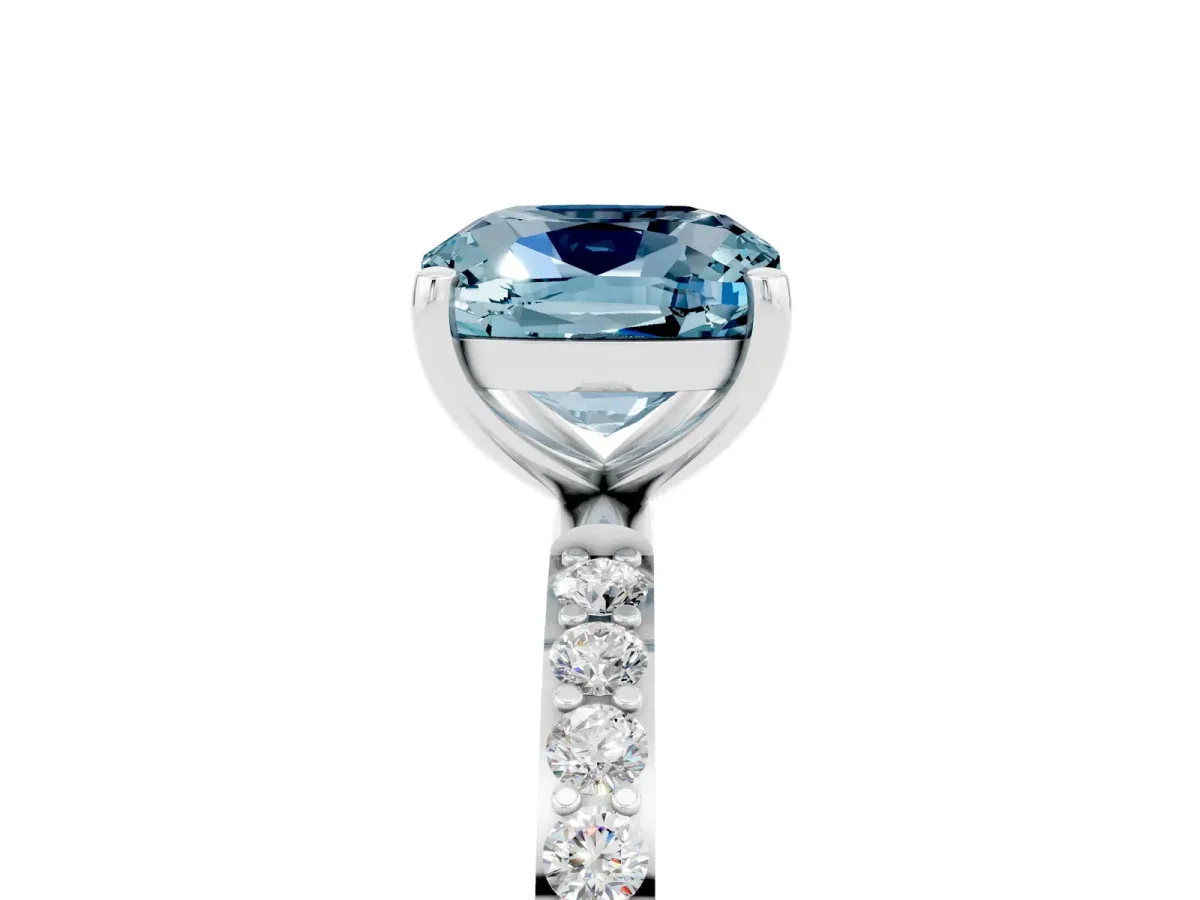 Cushion Cut Aquamarine Solitaire Ring with Round Pavé Band and Prong Setting Silver