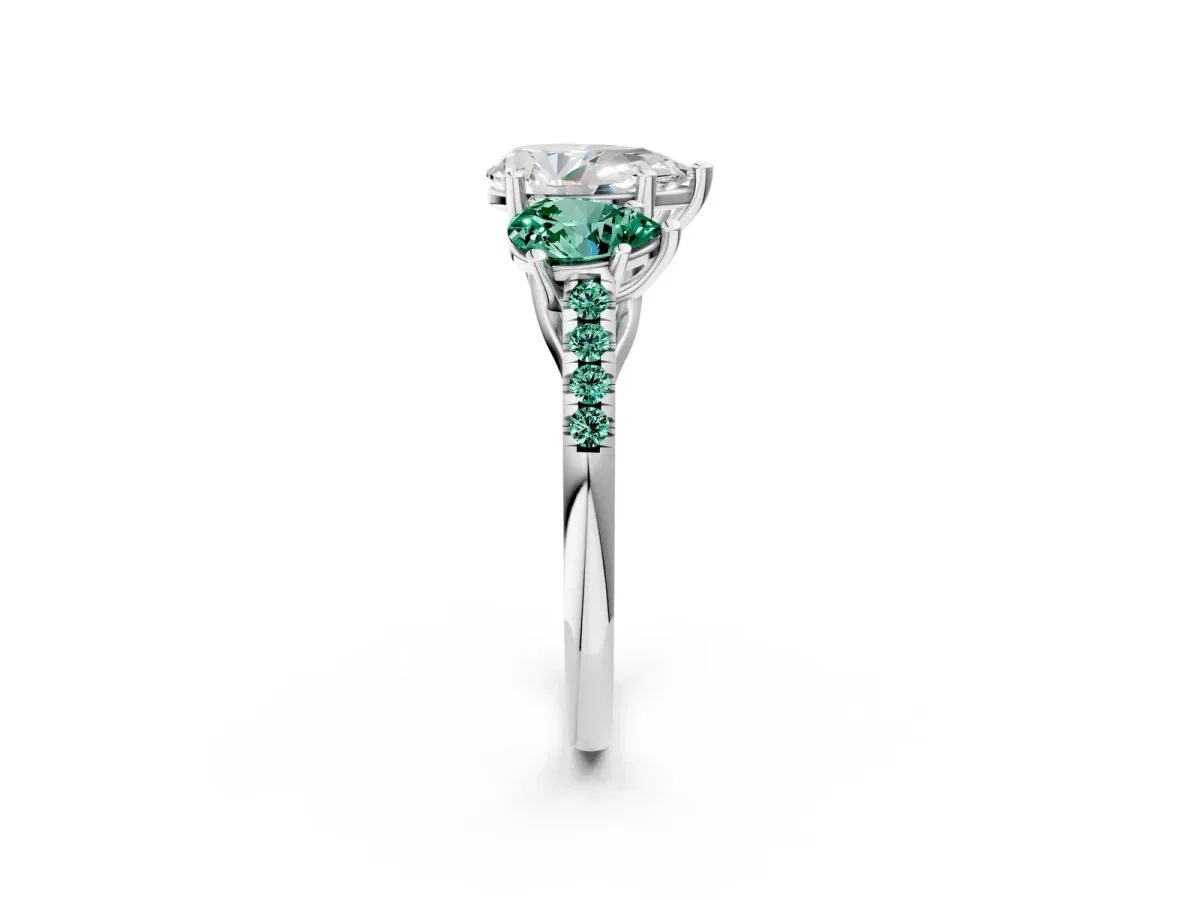 Three-Stone Pear Cut Diamond Ring with Round Green Sapphire Pavé Band and Prong Setting Silver