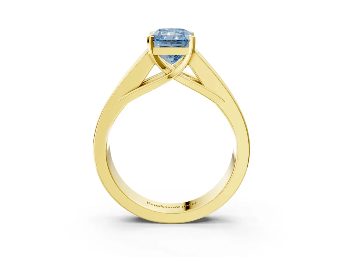 Fancy Blue Radiant Cut Cut Channel Set Solitaire Ring with Four-Prong Setting Yellow gold