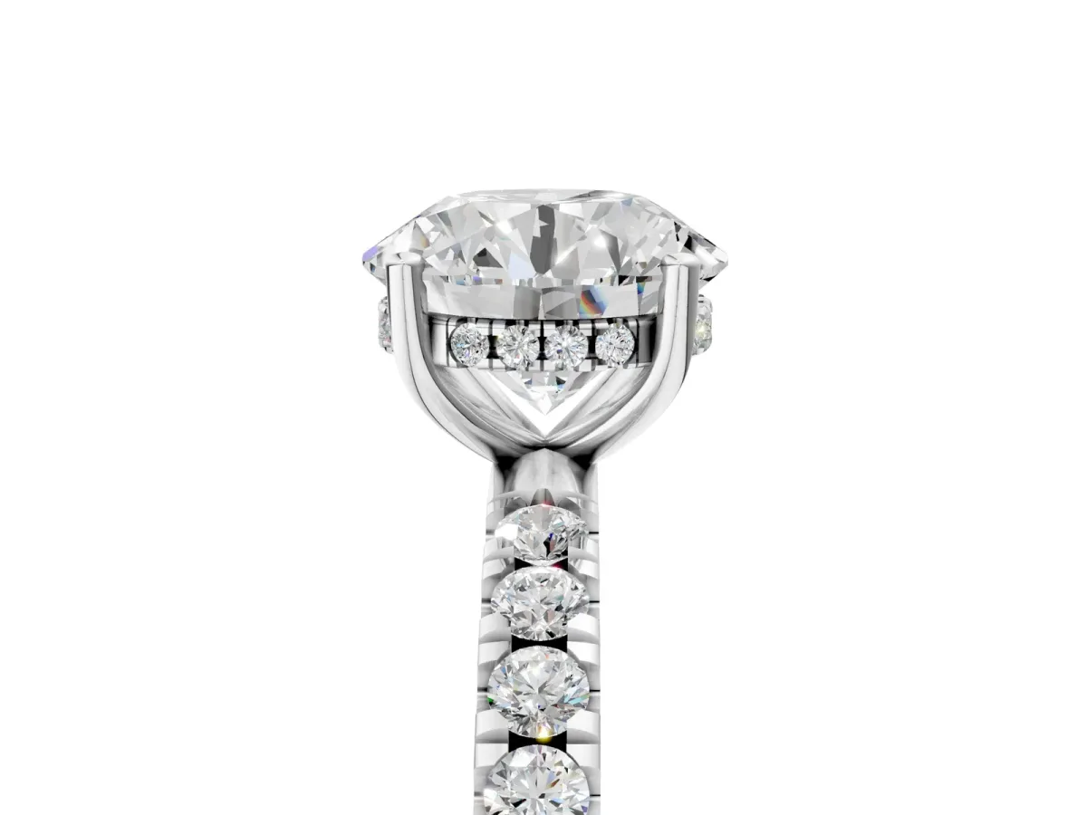 Round Cut Diamond Pave Band Solitaire Ring with Round and Prong Setting Platinum