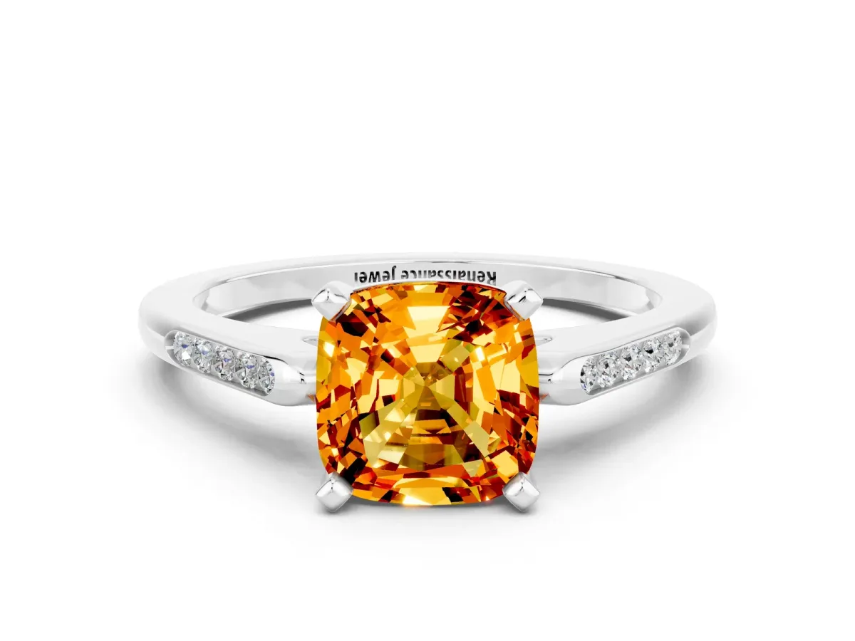 Cushion Cut Citrine Solitaire Ring with Channel Set Round Band and Prong Setting Silver