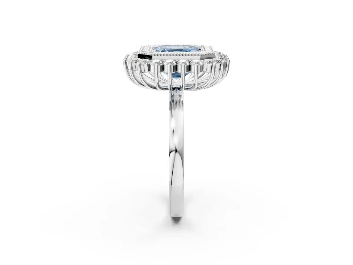 Fancy Blue Asscher Cut Halo Diamond Ring with Milgrain Edge and Round Prong Setting Platinum