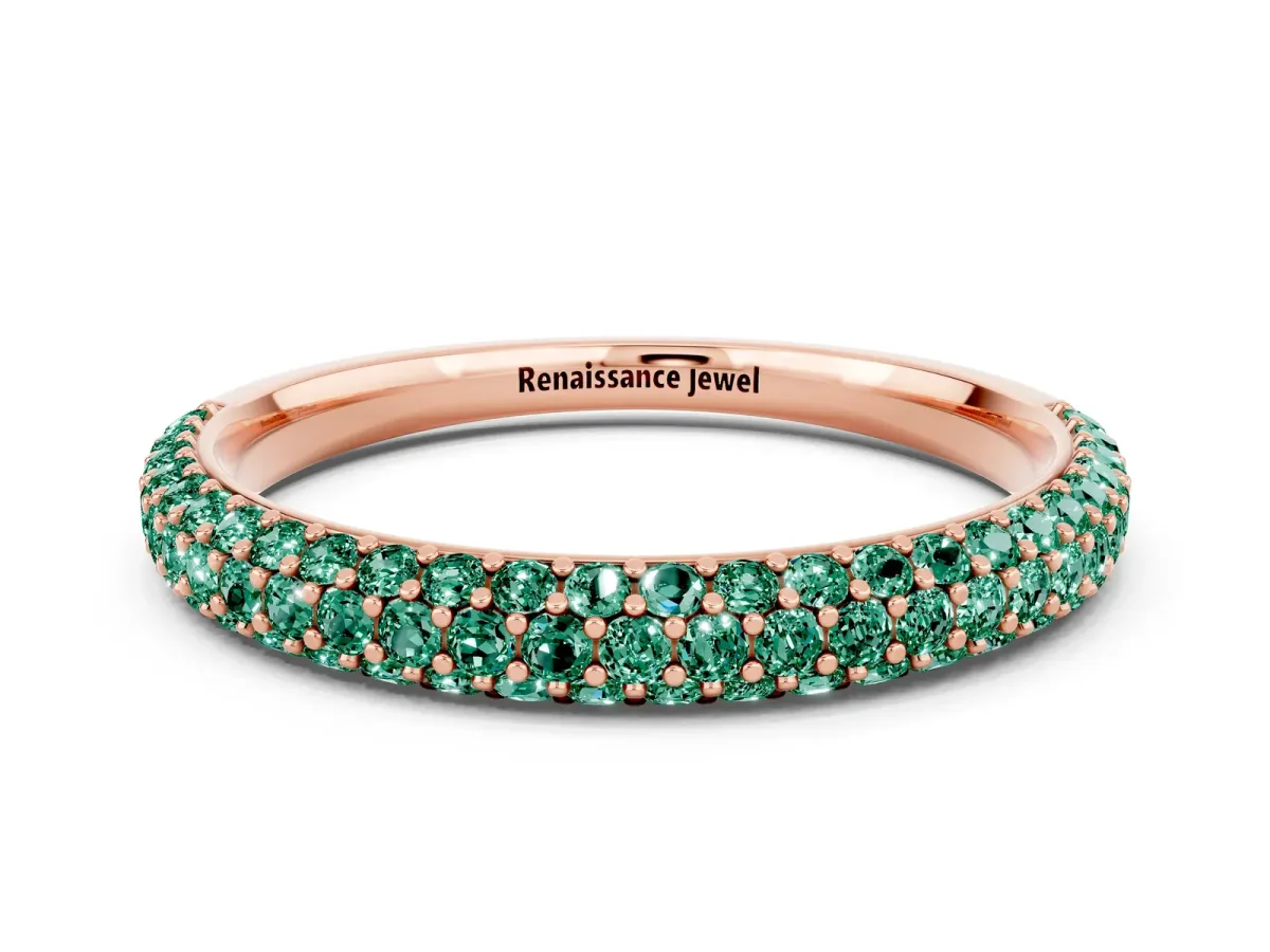 Round Green Sapphire Pavé Eternity Band with Shared Prong Setting Rose gold
