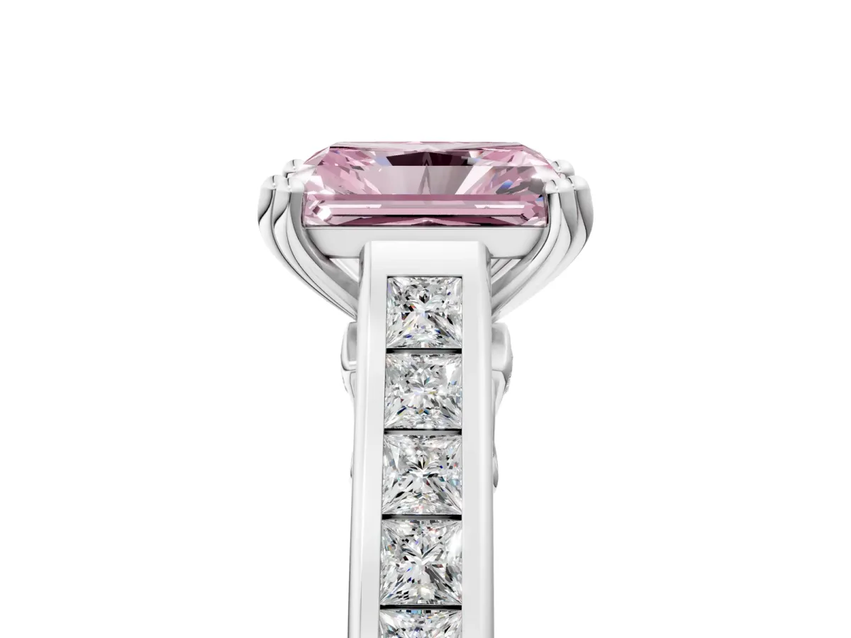 Fancy Pink Radiant Cut Cut Channel Set Solitaire Engagement Ring with Prong Setting Platinum