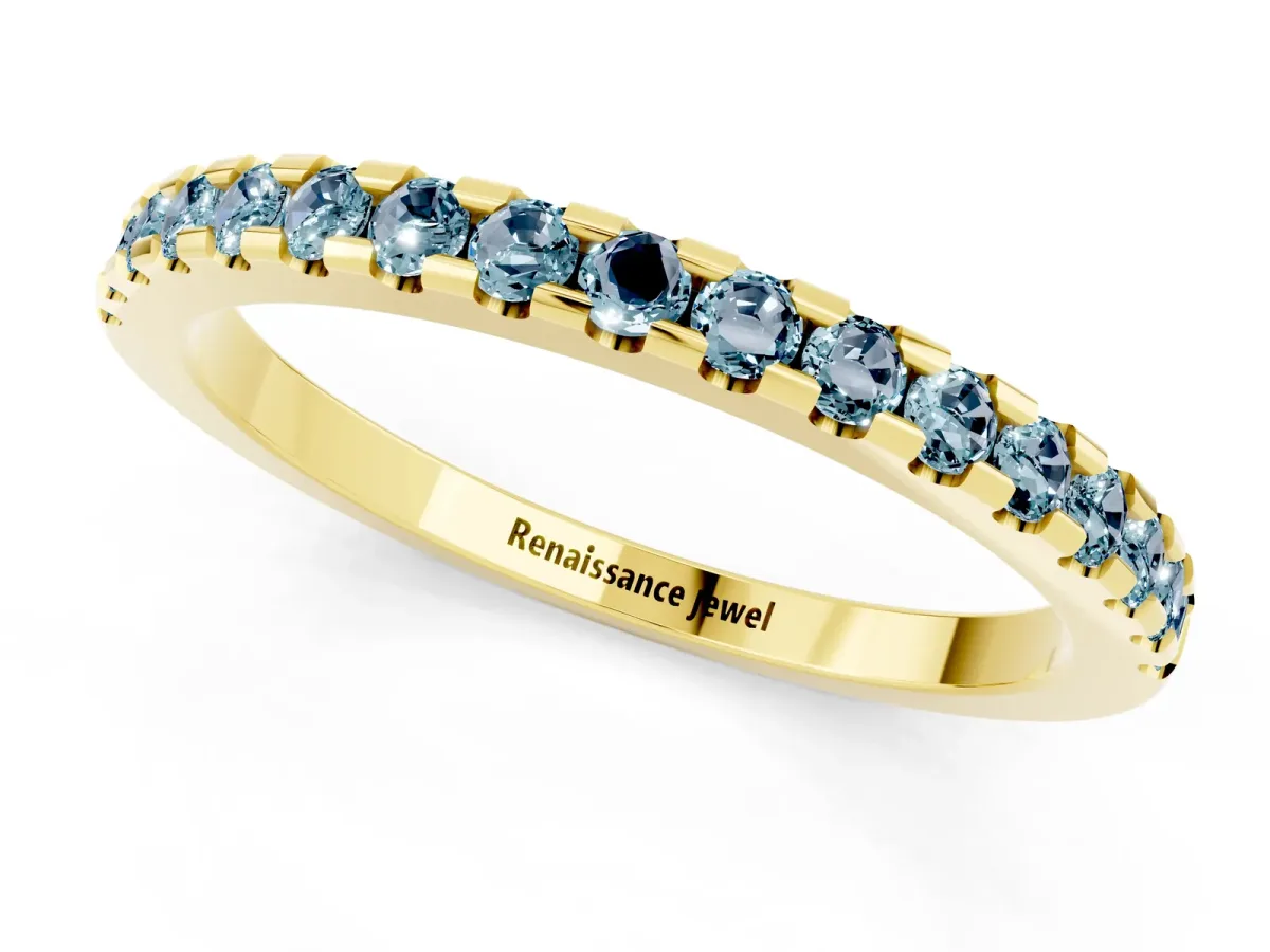 Round Aquamarine Pavé Set Eternity Band with Micro Prong Setting Yellow gold