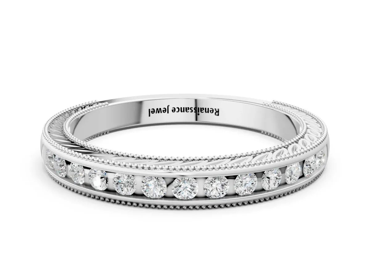 Channel Set Round Diamond Milgrain Edge Wedding Band Silver