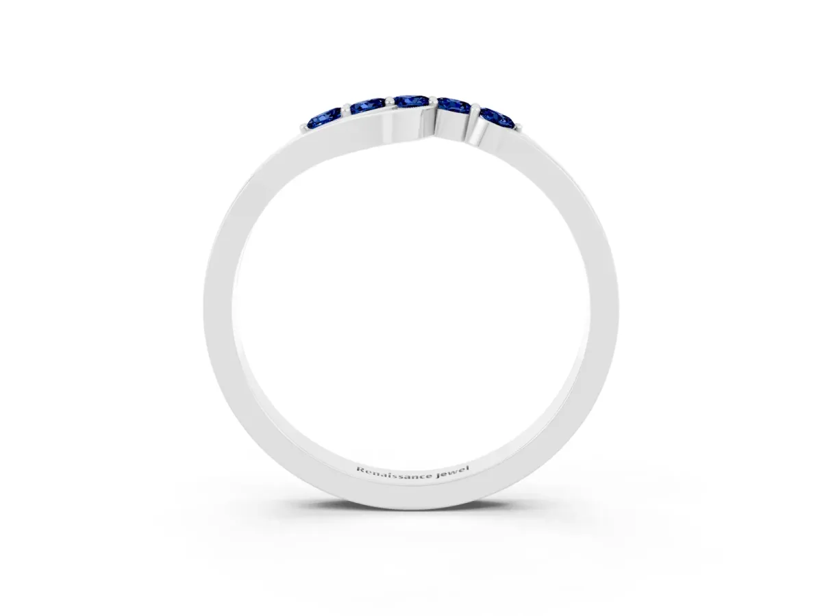 Five-Stone Round Blue Sapphire Crossover Band with Prong Setting White gold
