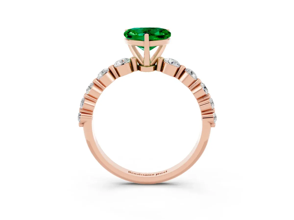 Heart Cut Solitaire Emerald Ring with Pave Band and Four-Prong Setting Rose gold