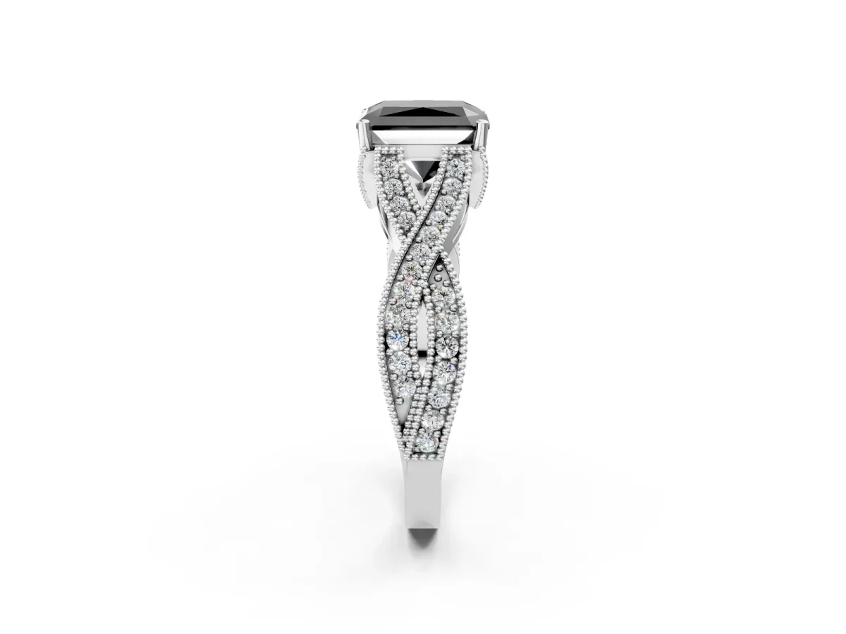 Fancy Black Radiant Cut Cut Diamond Twisted Band with Milgrain Pave Setting and Four-Prong Setting Platinum
