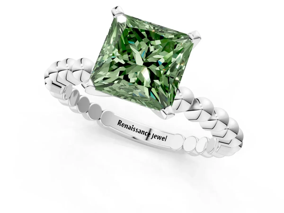 Fancy Green Princess Cut Diamond Solitaire Ring with Beaded Band and Prong Setting Silver