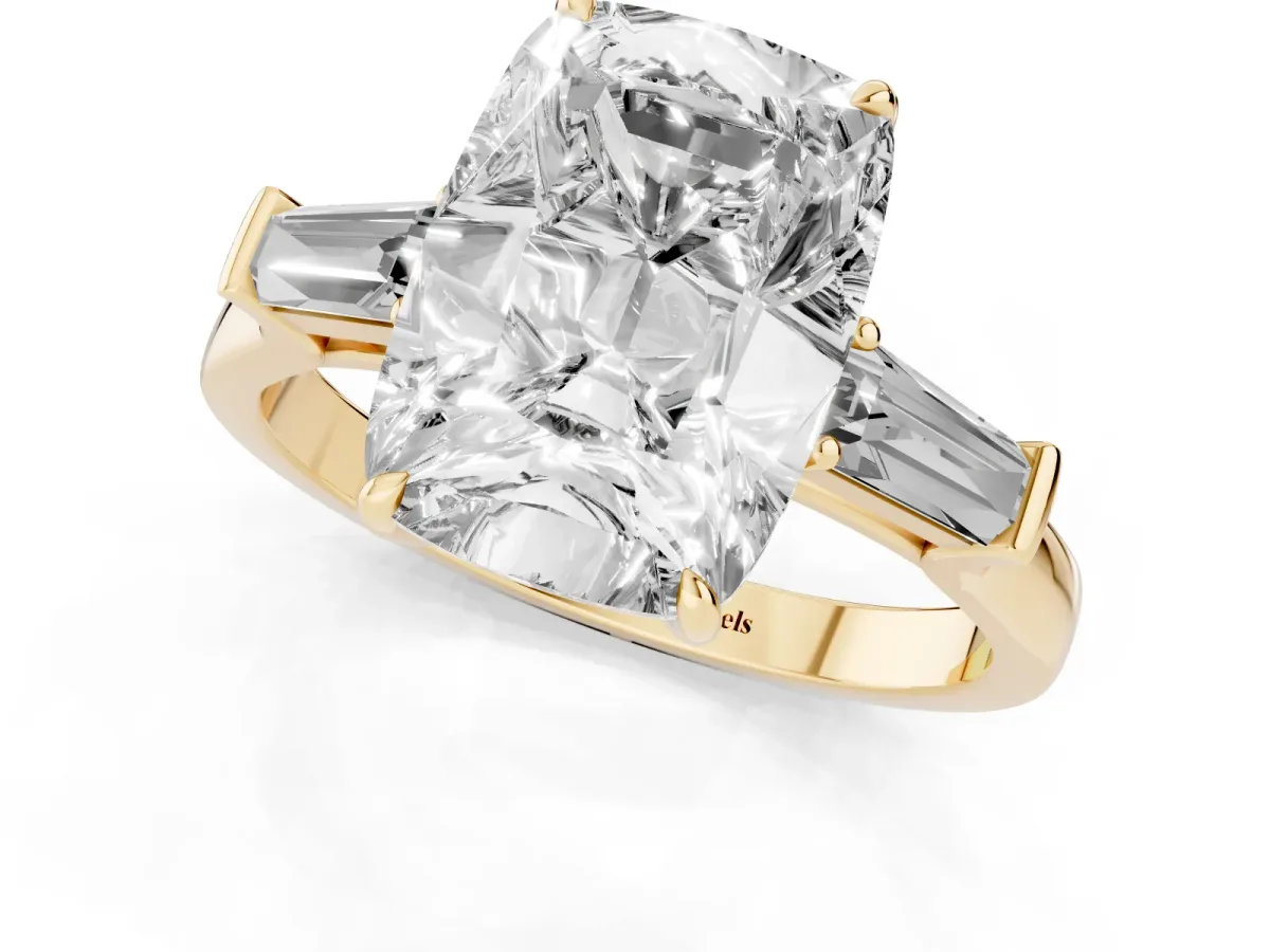 Old Mine Elongated Cushion Diamond with Side Tapered Baguette Three Stone Ring Yellow gold