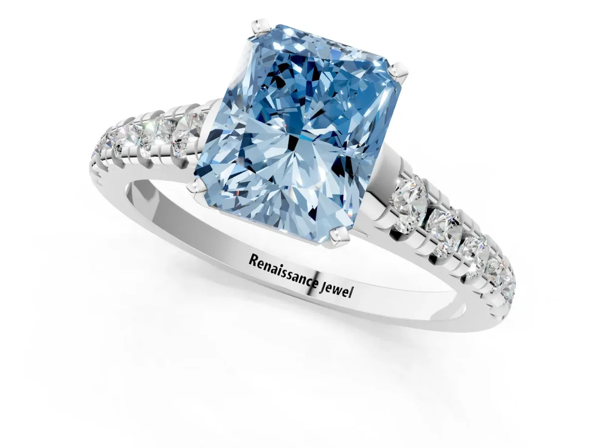 Fancy Blue Radiant Cut Diamond Cathedral Solitaire Ring with Round Pavé Band Silver