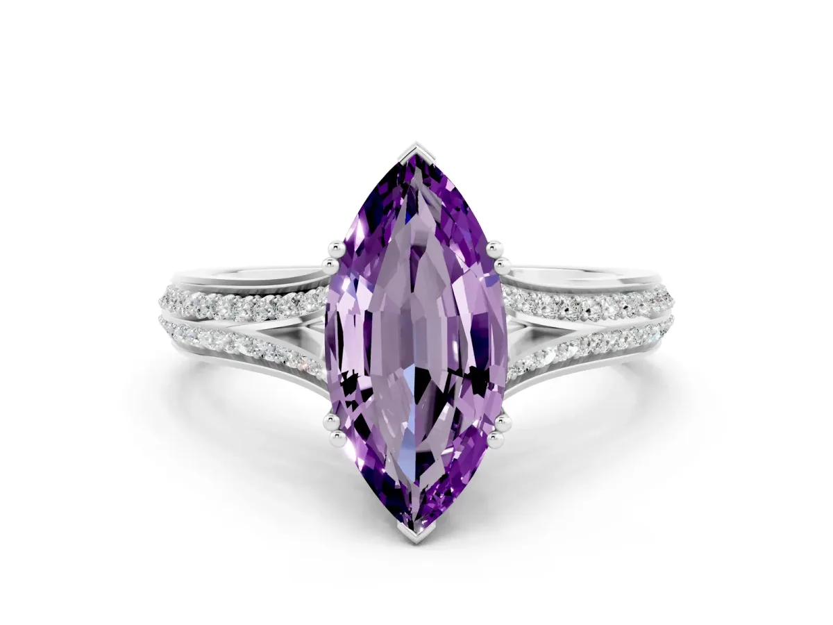 Marquise Cut Amethyst Split Shank Engagement Ring with Pavé Band White gold