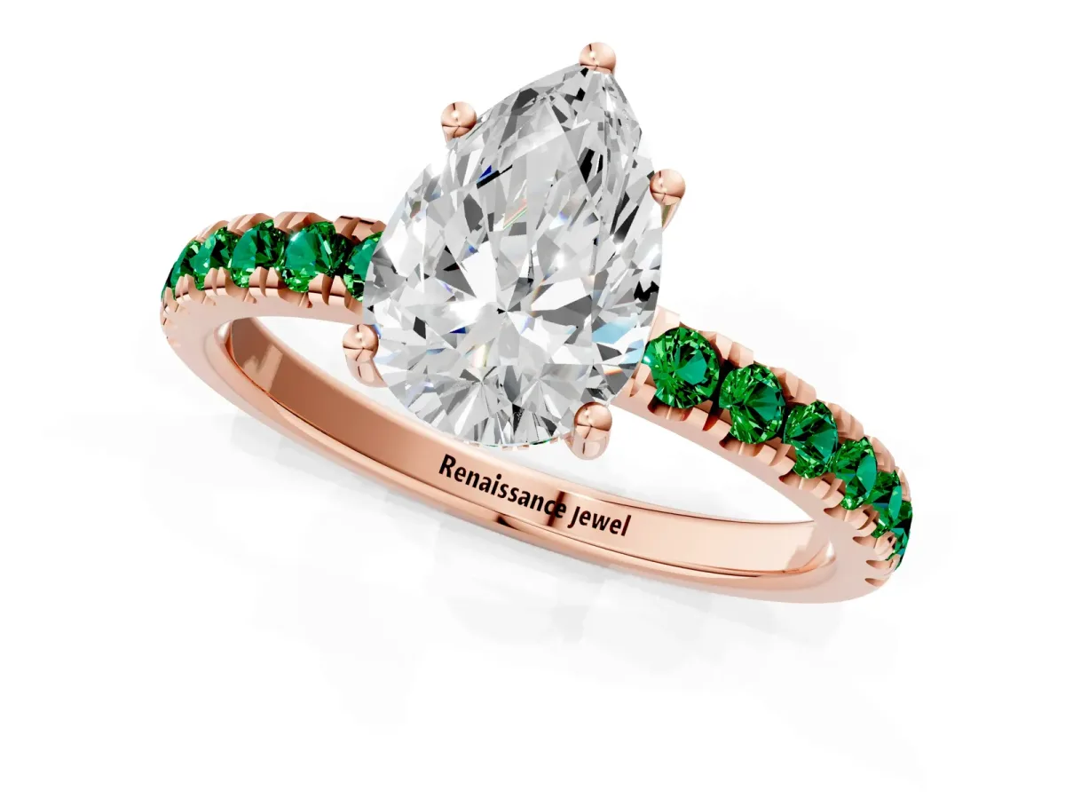 Pear Cut Diamond Pave Band Solitaire Ring with Round Emerald and Prong Setting Rose gold
