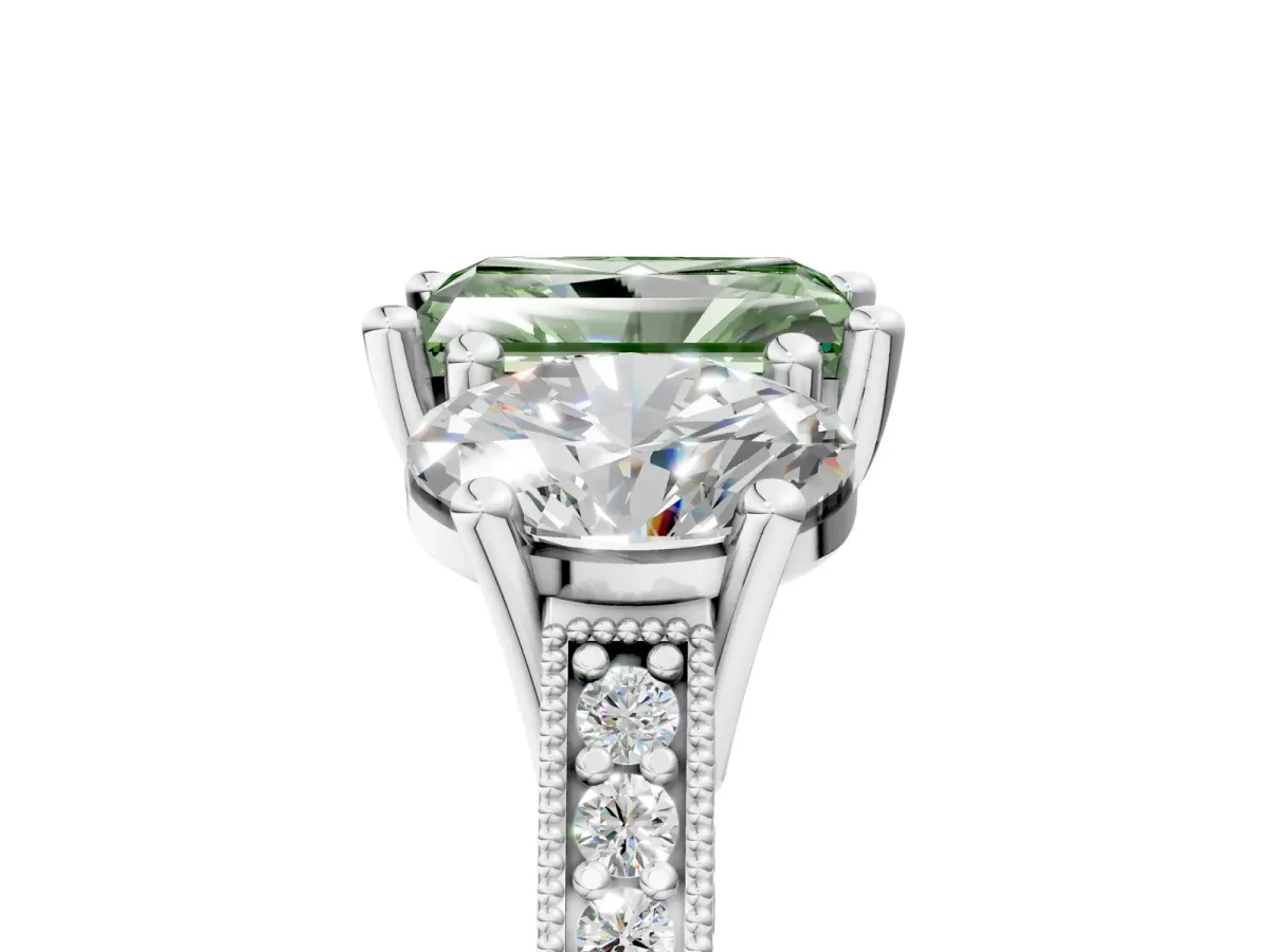 Fancy Green Three-Stone Radiant Cut Diamond Milgrain Pave Band with Prong Setting Platinum