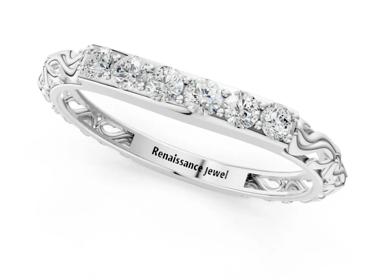 Round Diamond Bar Set Eternity Band with Filigree Design Silver