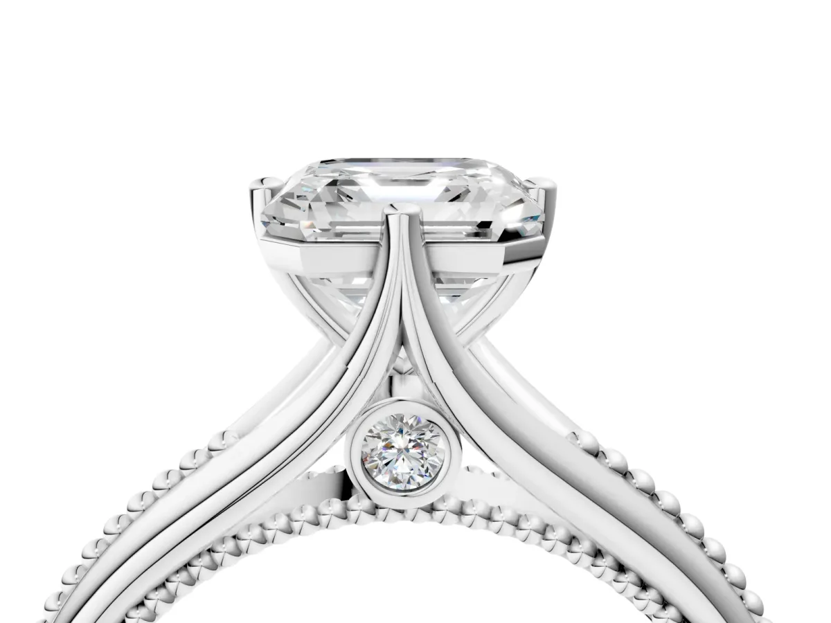 Asscher Cut Solitaire Beaded Band Six-Prong Setting Platinum