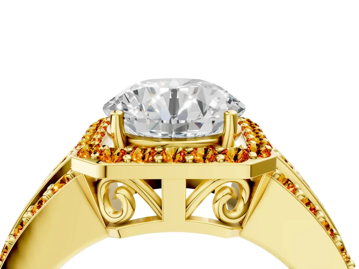 Round Cut Halo Diamond Ring with Round Citrine Split Shank and Prong Setting Yellow gold