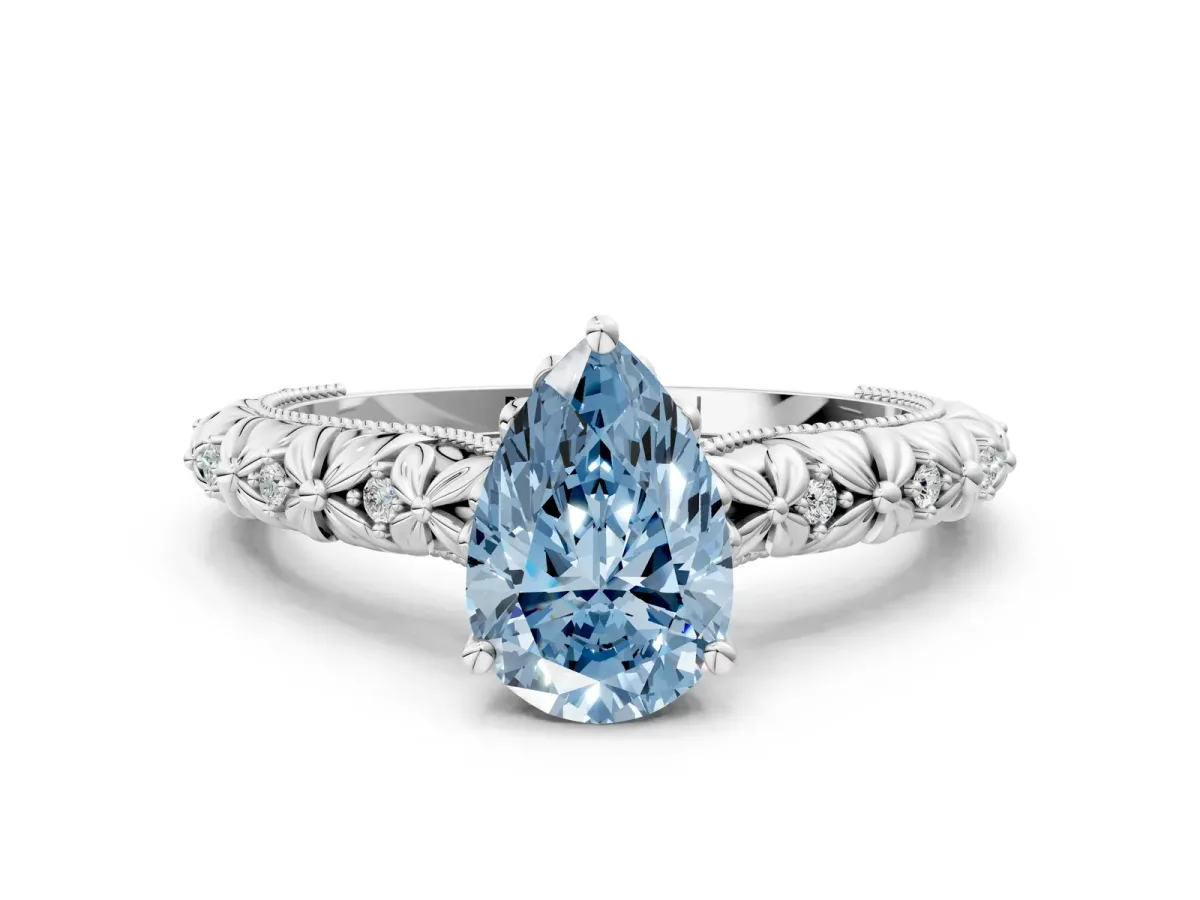 Fancy Blue Pear Cut Solitaire Floral Milgrain Engagement Ring Platinum