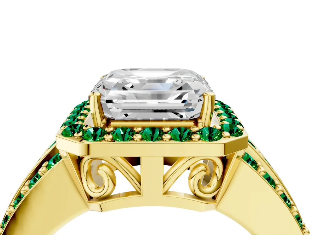 Asscher Cut Halo Diamond Ring with Round Emerald Split Shank and Prong Setting Yellow gold