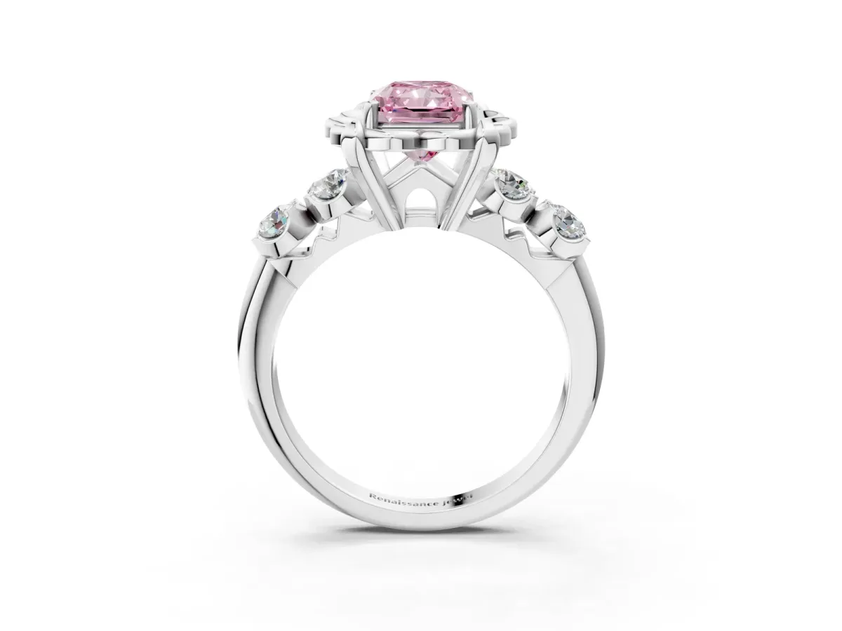 Fancy Pink Radiant Cut Cut Diamond Floral Halo Engagement Ring with Shared Prong Setting Silver