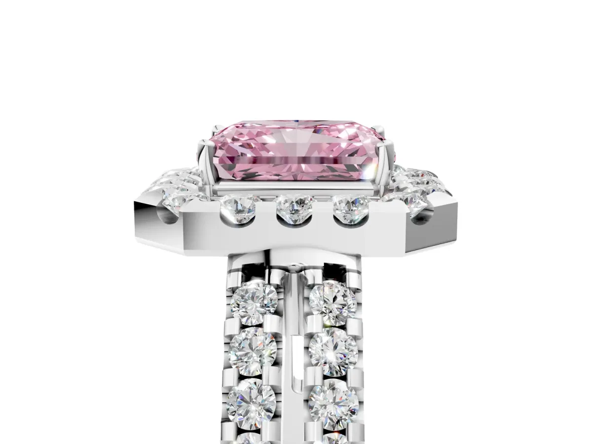 Fancy Pink Radiant Cut Halo Diamond Split Shank Engagement Ring with Prong Setting Platinum