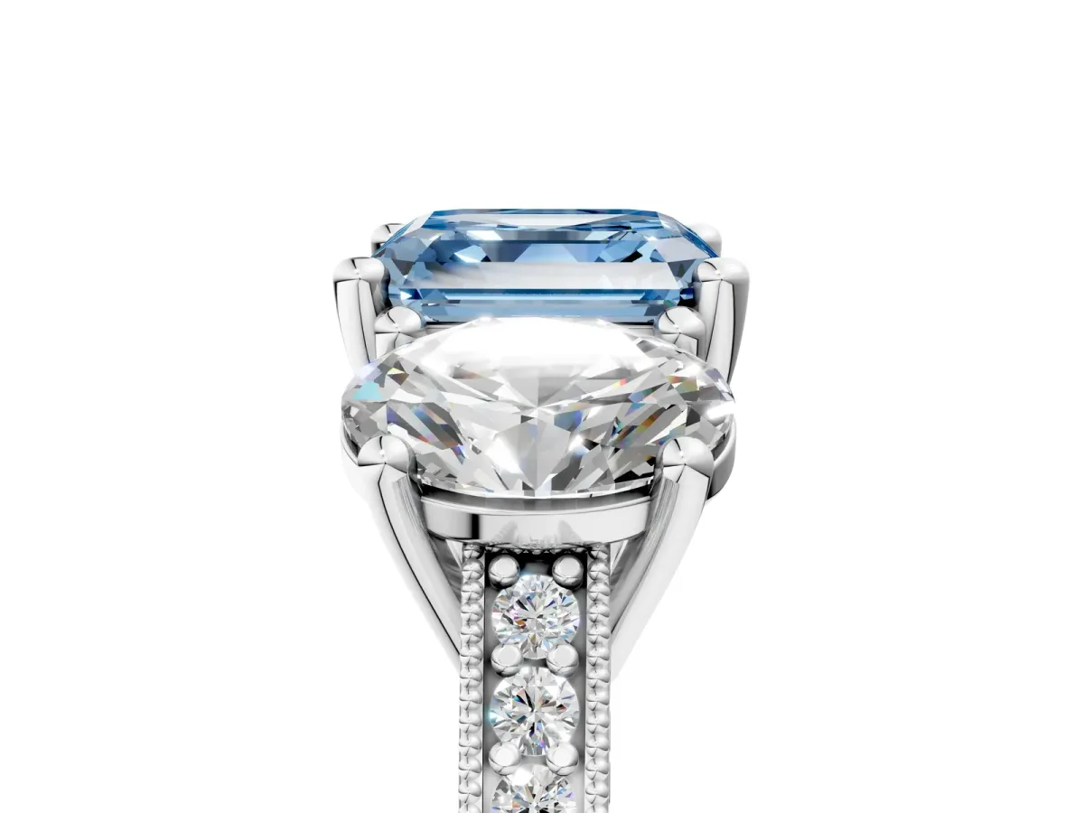 Fancy Blue Three-Stone Asscher Cut Diamond Milgrain Pave Band with Prong Setting Platinum