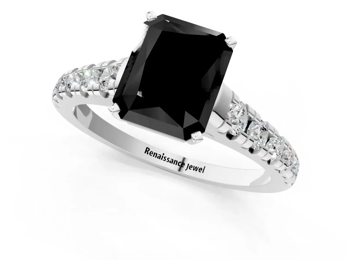 Fancy Black Radiant Cut Diamond Cathedral Solitaire Ring with Round Pavé Band Silver