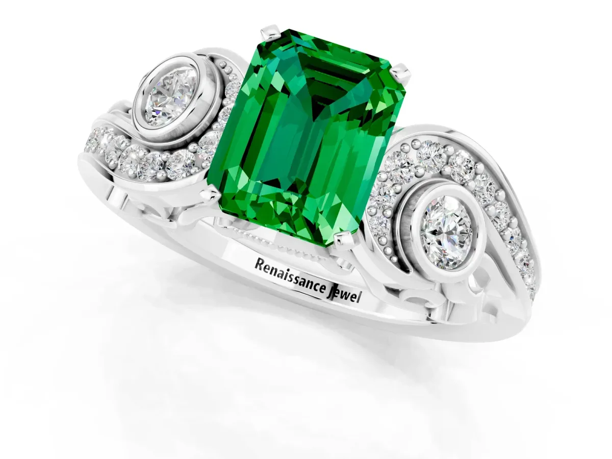 Emerald Cut Emerald Solitaire Ring with Milgrain Pavé Band and Four-Prong Setting Silver