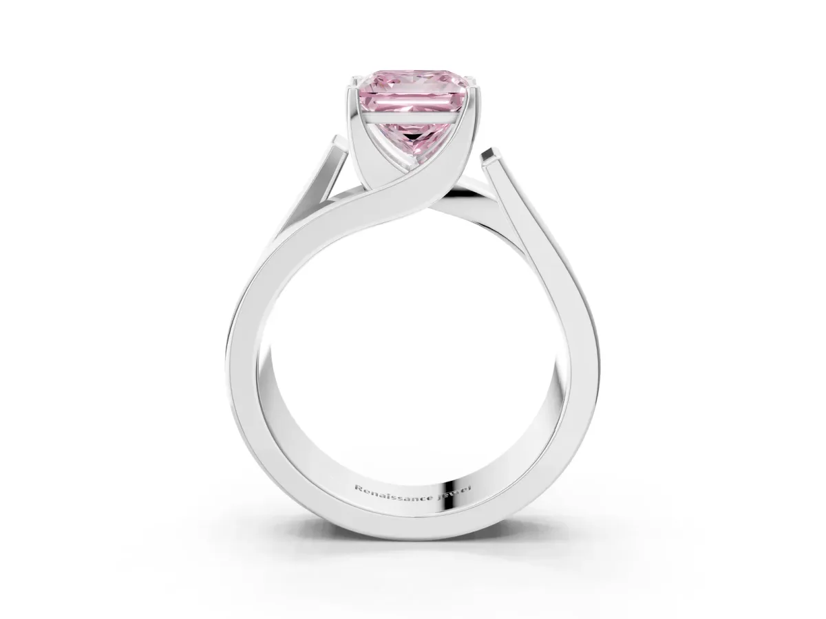 Fancy Pink Modern Tension Set Princess Cut Diamond Solitaire Wide Band Ring Silver
