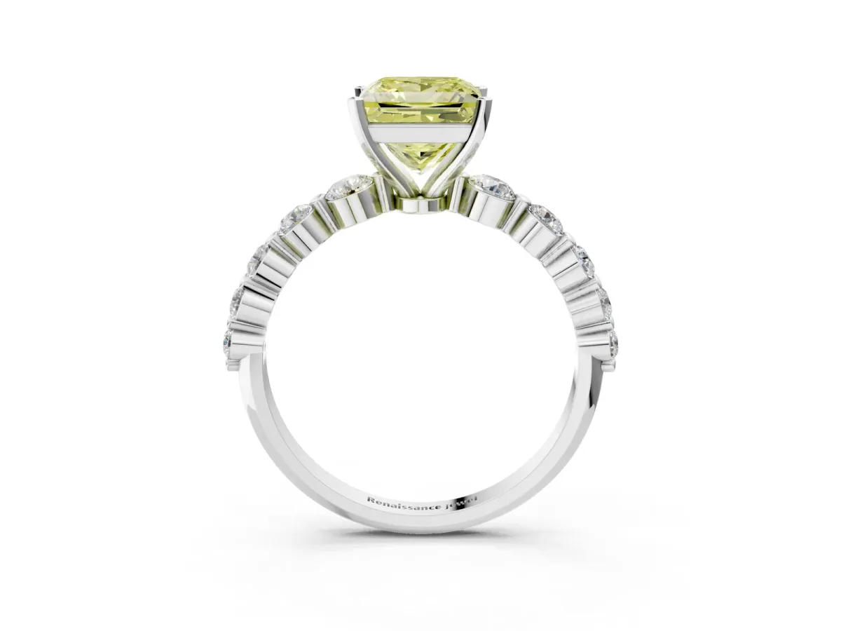 Fancy Yellow Princess Cut Solitaire Diamond Ring with Pave Band and Four-Prong Setting Silver