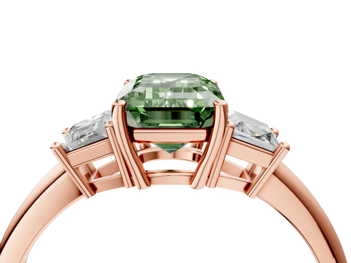 Fancy Green Emerald Cut Diamond Three-Stone Ring with Trapezoid Side Stones and Prong Setting Rose gold