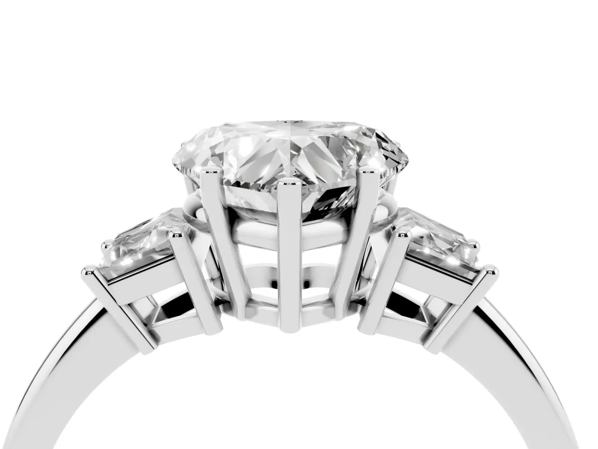 Heart Cut Diamond Three-Stone Ring with Trapezoid Side Stones and Prong Setting Platinum