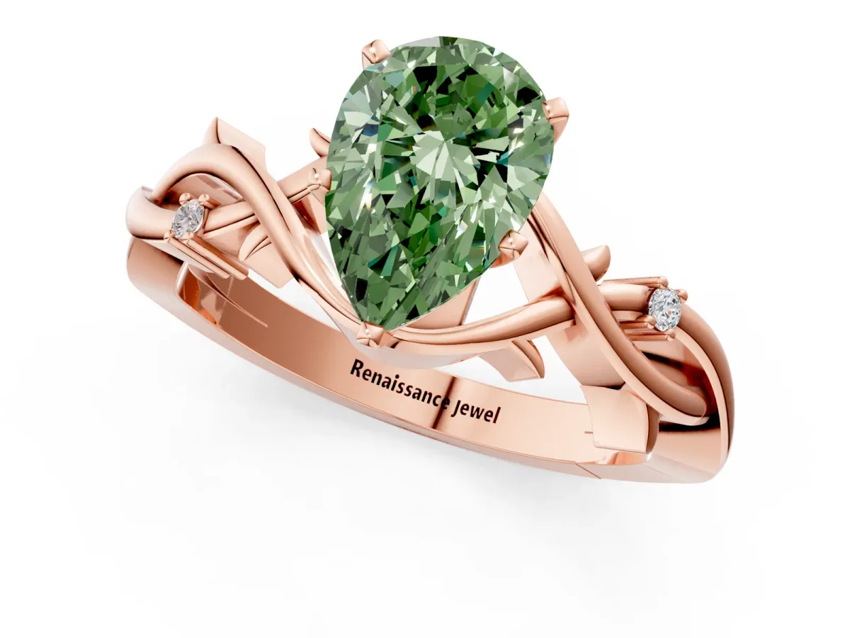 Fancy Green Pear Cut Diamond Solitaire Ring with Twisted Band and Prong Setting Rose gold