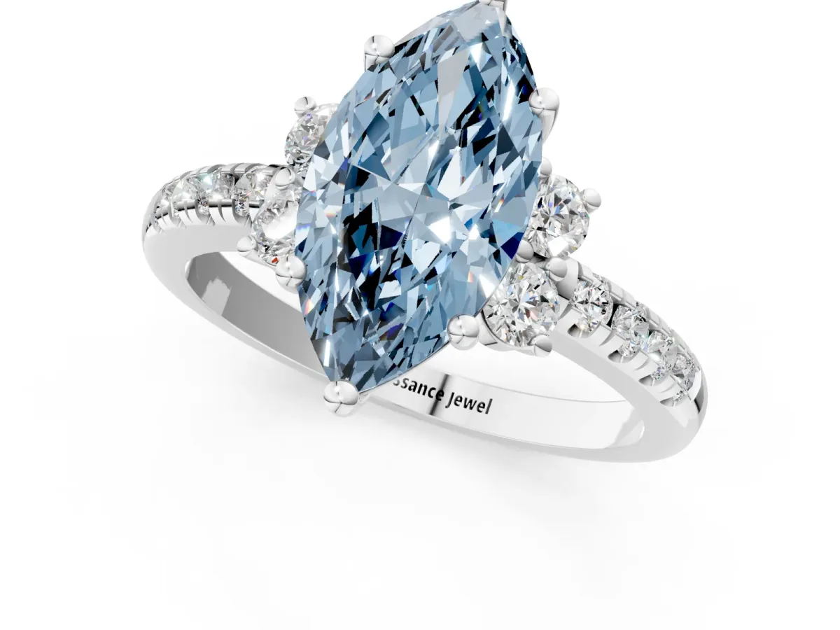 Fancy Blue Marquise Cut Diamond Three-Stone Pave Band with Four-Prong Setting Silver