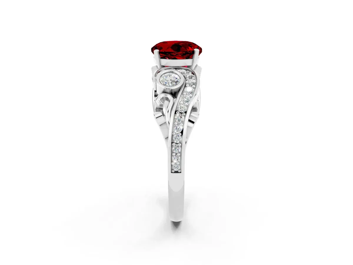 Round Cut Ruby Solitaire Ring with Milgrain Pavé Band and Four-Prong Setting White gold